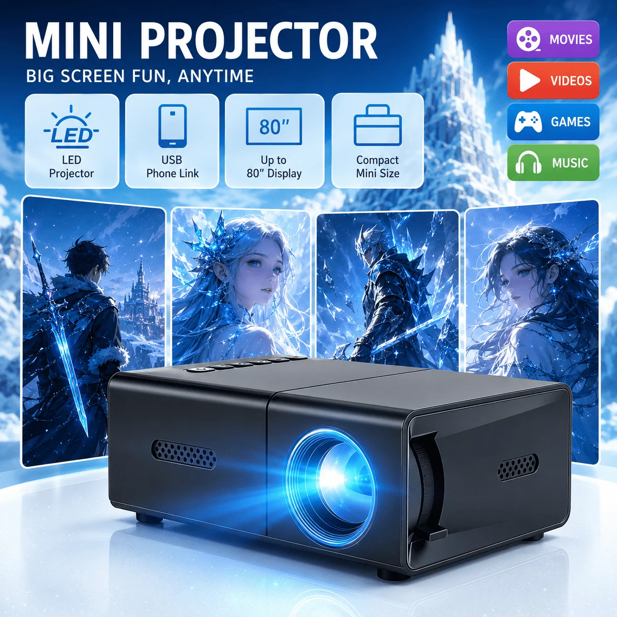 Home Cinema Gaming - Mini tragbarer Projektor, kompatibel mit Heimkino