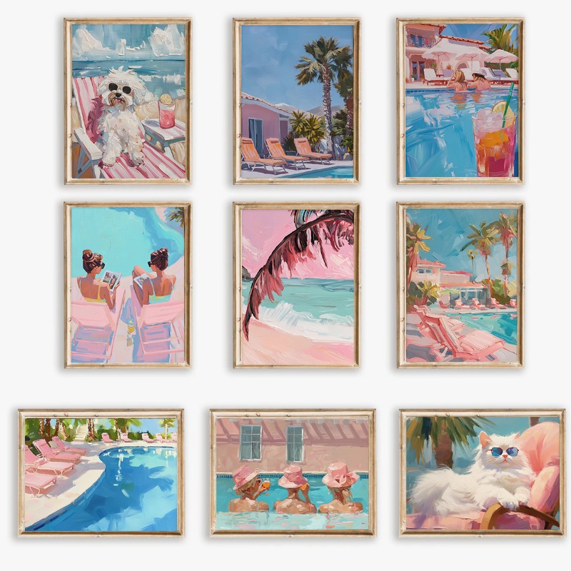 Home Cinema Classic - Vintage Girly Sommer-Pool-Party-Poster, Palm Beachy Pink