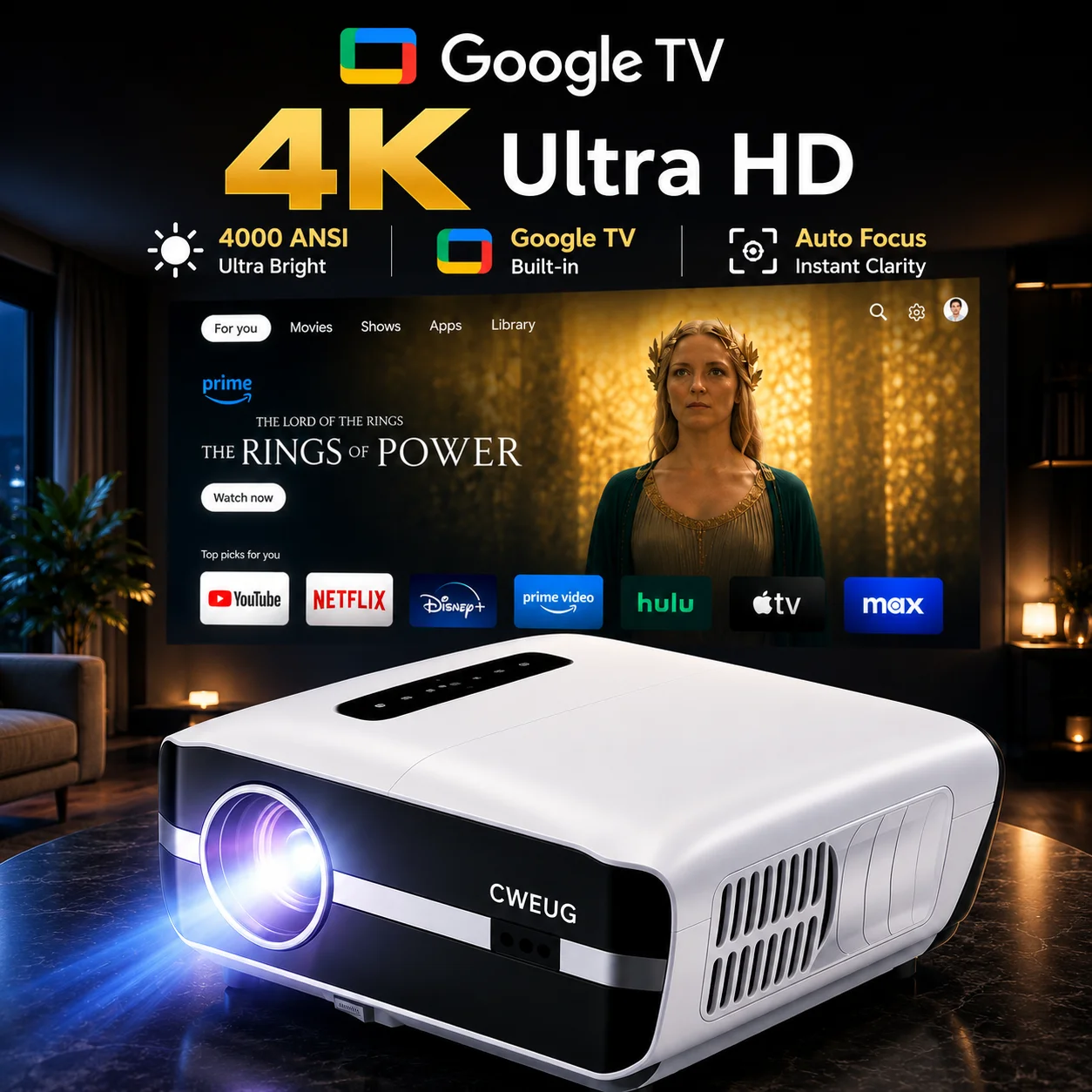 Home Cinema Gaming - NewA9S 4k Projektor Autofokus Tageslichtprojektor 2.4+5G